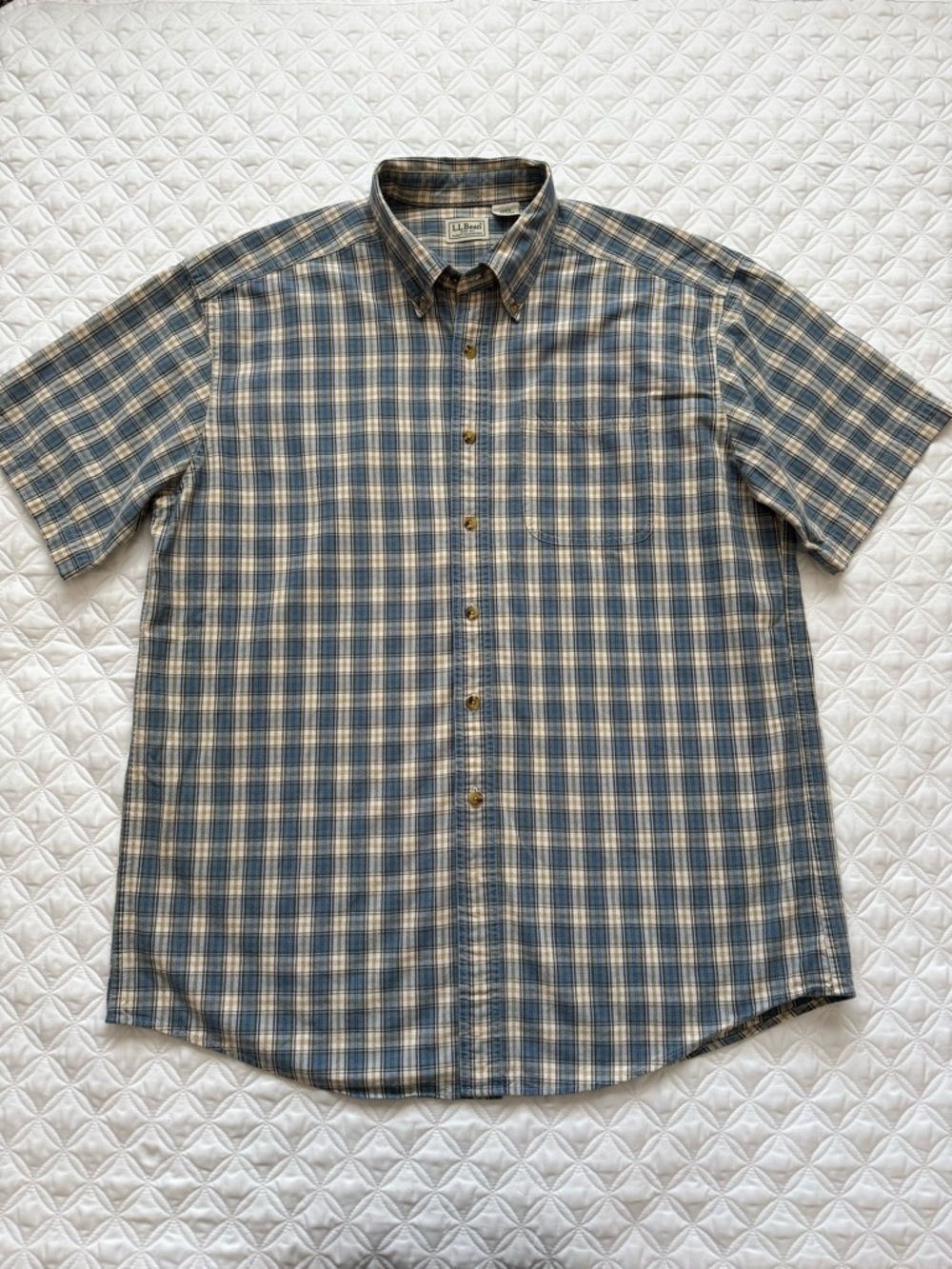 L.L. Bean Blue Green Cream Plaid Short-Sleeve Button Down Cotton Shirt Sz Large